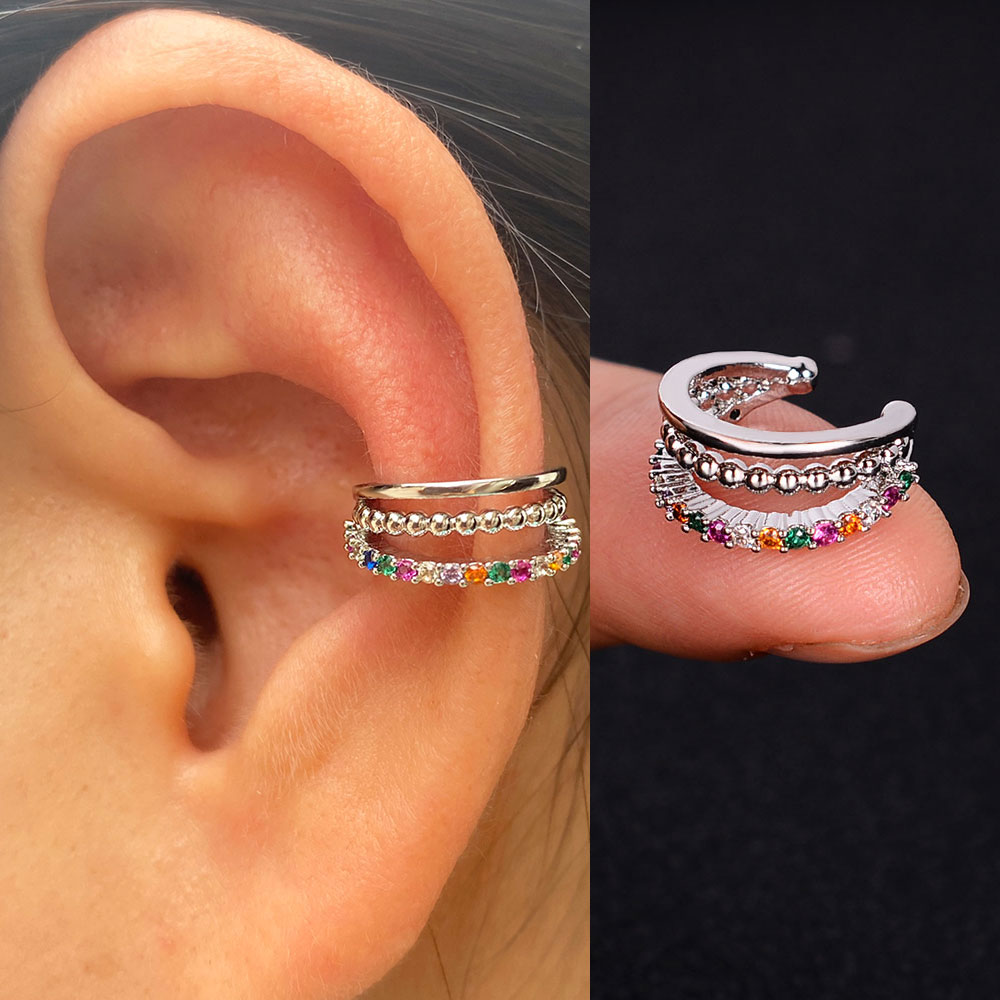 1pc nova chegada moda requintado arco-íris zircão orelha manguito brinco para a mulher geometria cristal sem piercing orelha clipe de jóias de verão: 5 silver