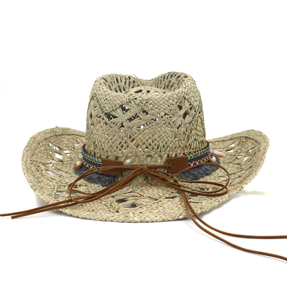100% Natural Straw Cowboy Hat Women Men Handmade Weave Beach hat Lady Girls Tassel Summer Western Sombrero Hombre Shade Sun Hat