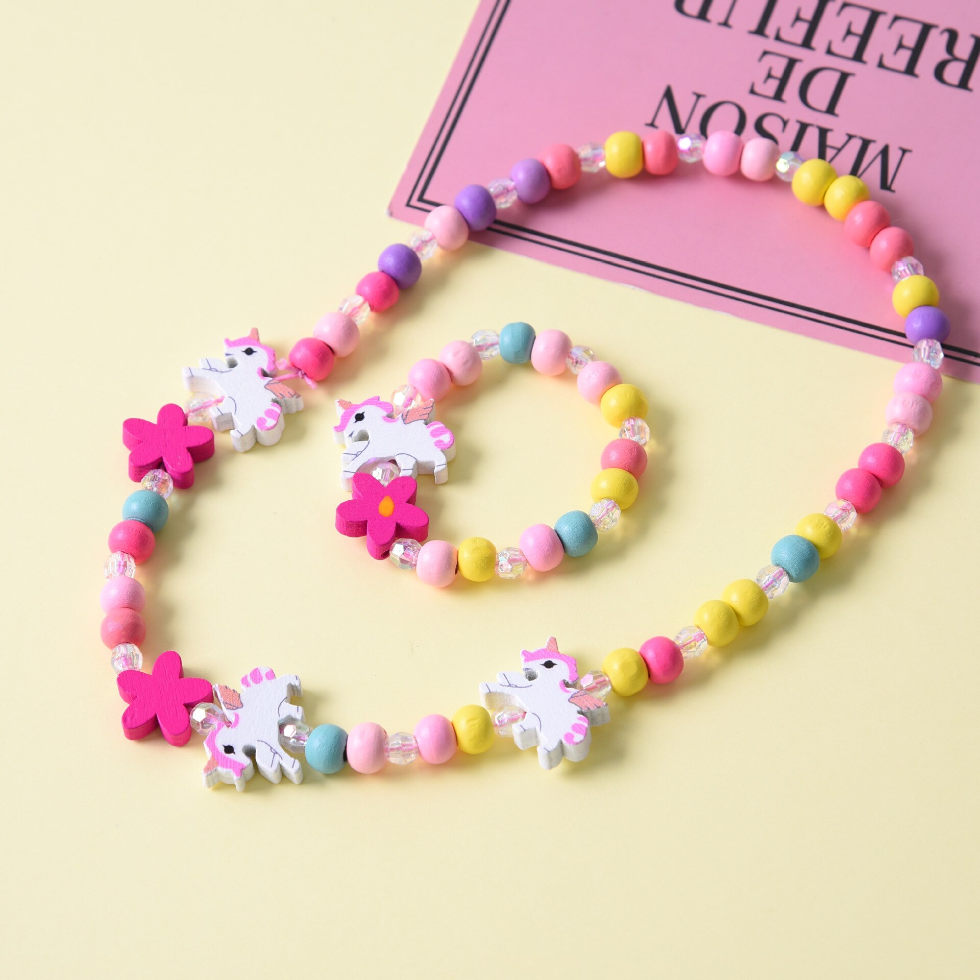 8 Color Natural Wood Colorful Beads Cute Animal Necklace Bracelet Set For Children's Jewelry Girl Birthday