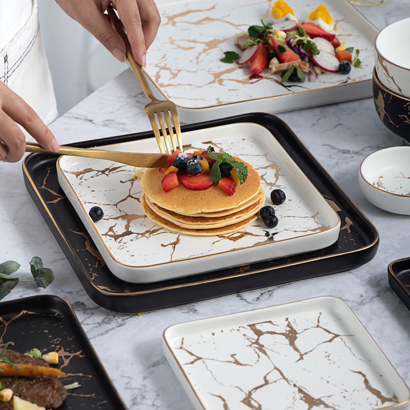 Juego de vajilla cuadrada creativa para carne, plato occidental de mármol, plato de cerámica, plato para Sushi, bandeja para postres