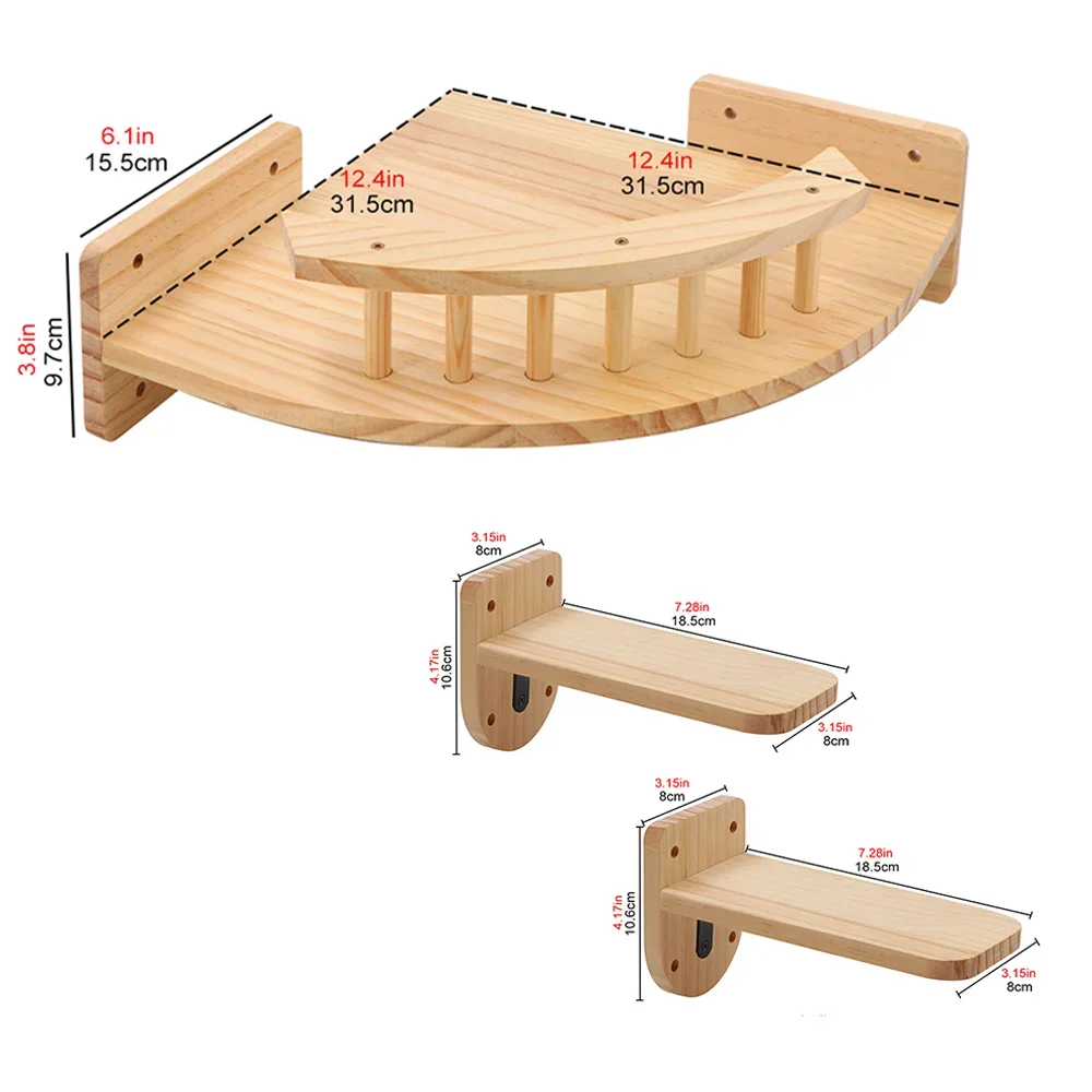 Wall Mounted Cat Climbing Wood Shelves Furniture Cat Bridge and Cat Hammock or Platform with Pedals for Kitten Perch and Rest: Red
