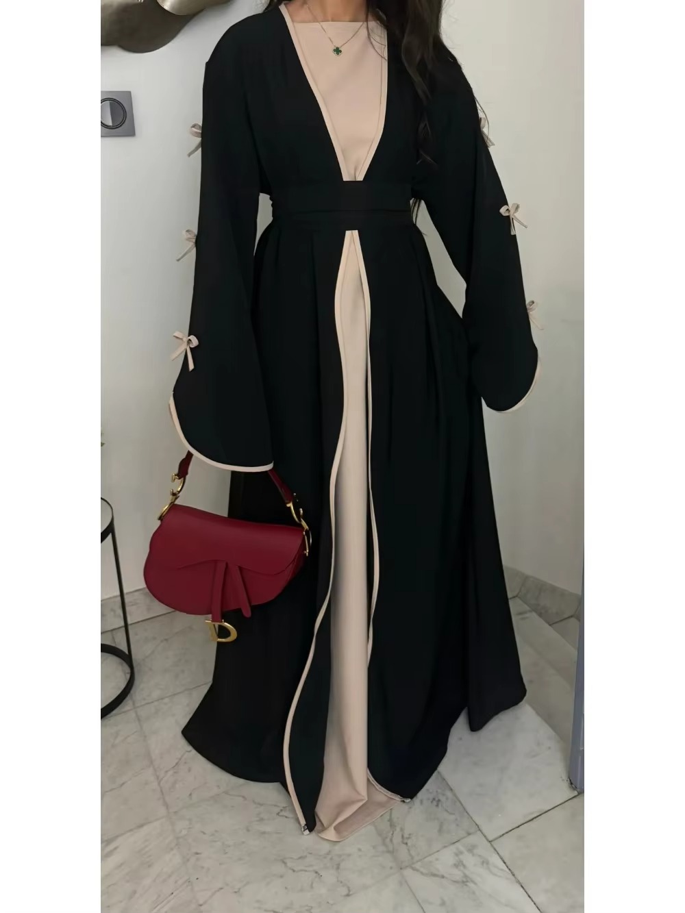 Turkije Dubai Arabische Moslim Vrouwen Jurk Boog Abaya Caftan Lace-up Bloemen Jurken Islamitische Pakistan Marokkaanse Kaftan Elgeant Gewaad: L / Black