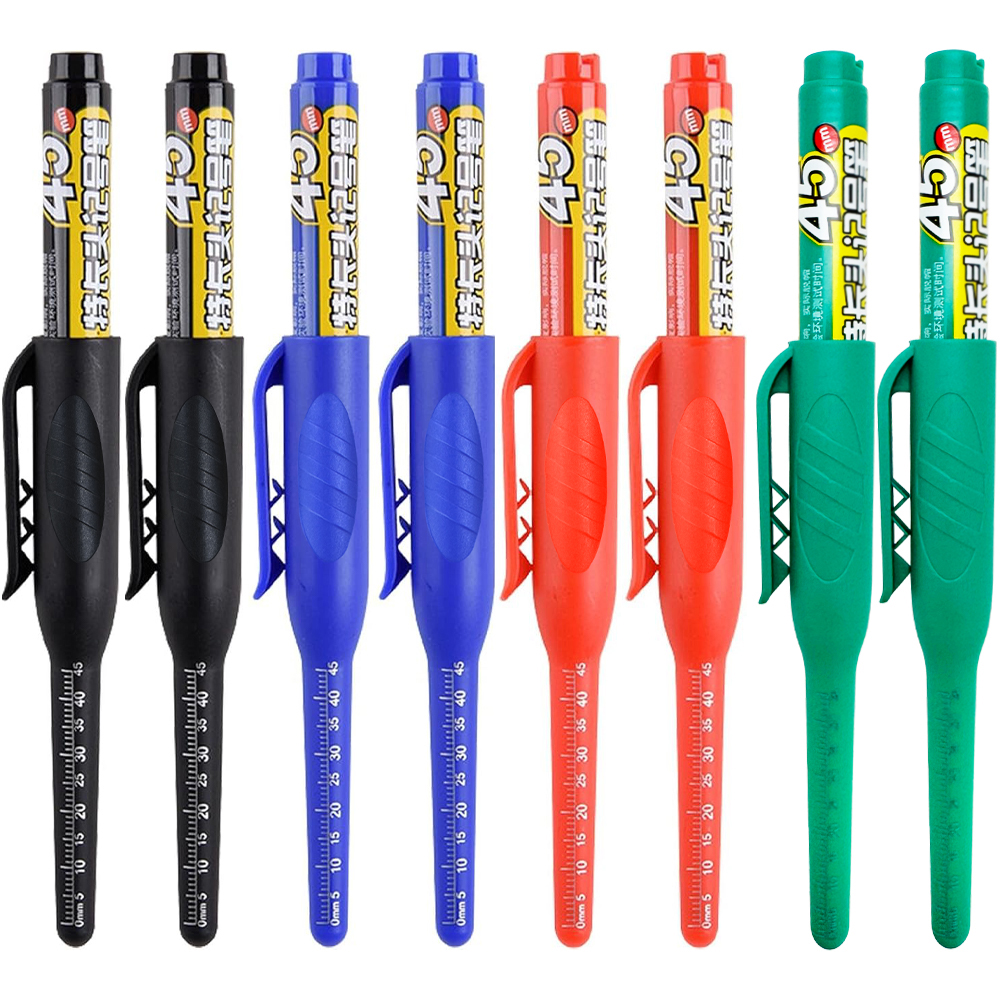 2-8Pcs 45mm Waterproof Long Head Nib Deep Hole Markers Pen Tile Carpenter Pen Multi-purpose for Woodworking Black/Blue/Red Ink: Red, Silver Tone