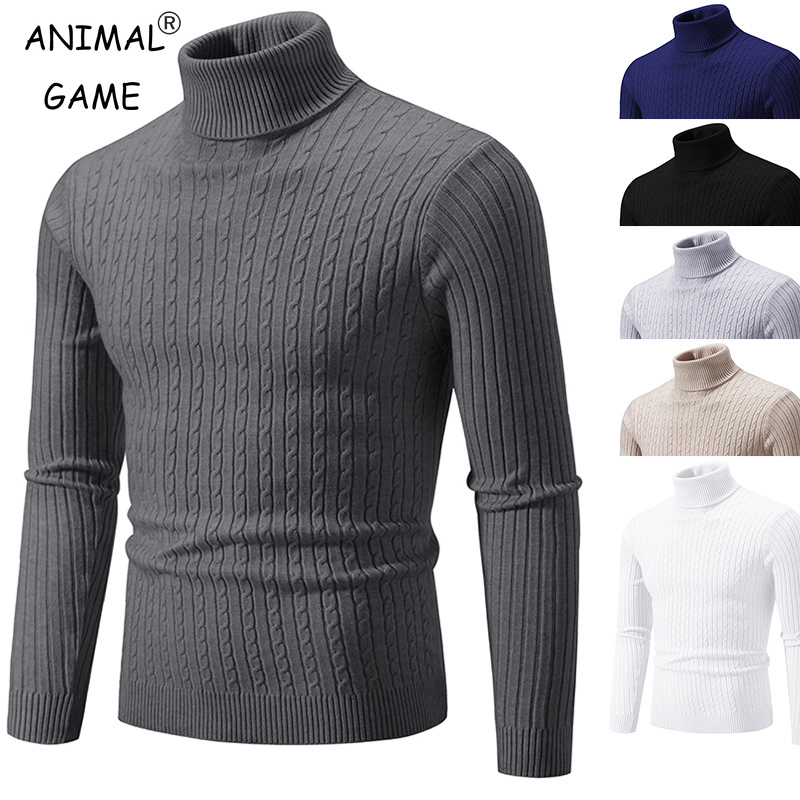 Herregenser med høy hals ensfarget pullover strikket varm avslappet polokrage joggetøy ull herre vinter utendørs topper