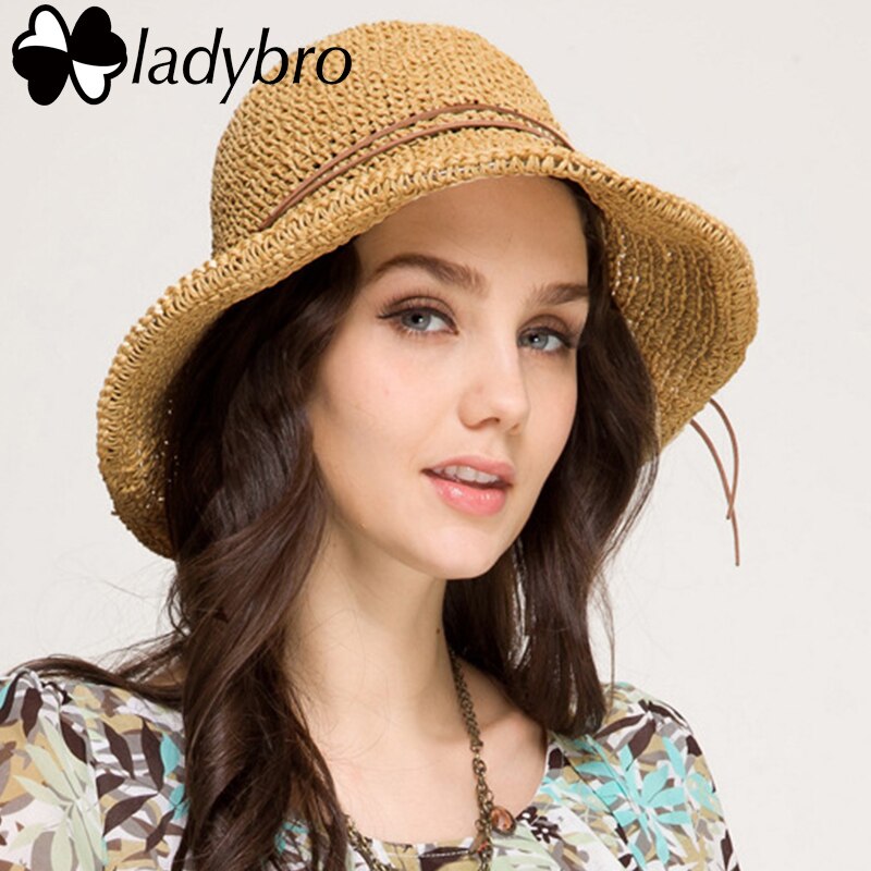 Ladybro Brand Ladies Sun Hat For Women Bowknot Raffia Straw Hat Foldable Summer Hat Wide Brim Beach Hat Female Chapeau Femme