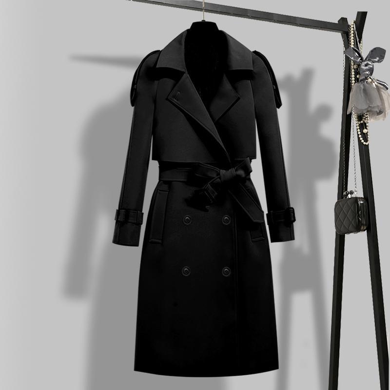 Ailegogo-Trench-Coat Vintage pour femmes, à Double boutonnage, col rabattu, Trench avec ceinture, collection automne-hiver élégante: Black / 4XL