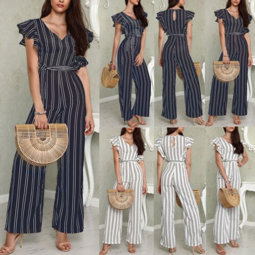 Sort hvid stribet jumpsuits dame flæser rompers overalls ærmeløs bodycon chiffon brede ben lange bukser playsuits