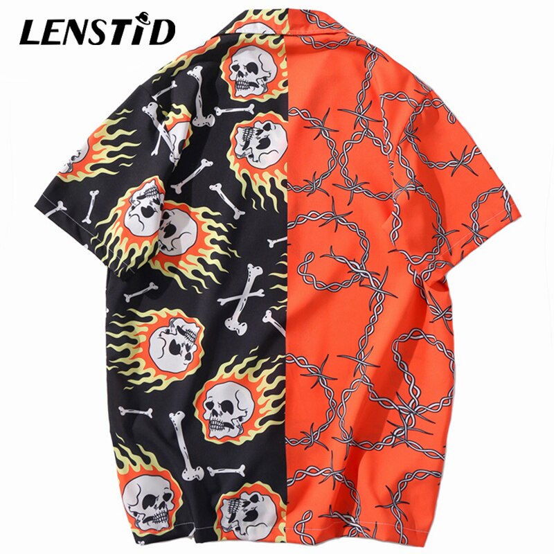 LENSTID Hip Hop Fire Skull Chain Print Shirt Streetwear Harajuku Men Hawaiian Beach Shirt HipHop Summer Short Sleeve Shirts