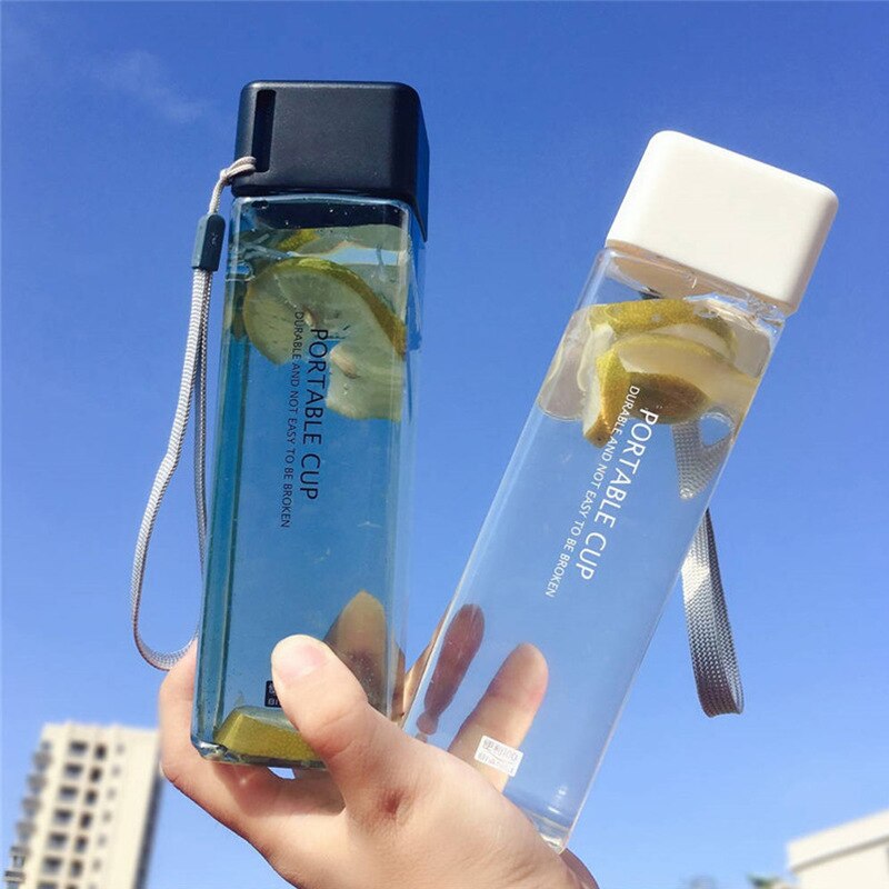 Cute Square Plastic Water Bottles BPA Free Transparent Frosted Outdoor Portable Camping Hiking Tour Drinking Bottle Water
