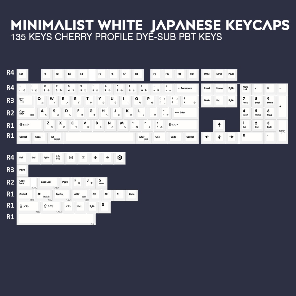 135 Keys Cherry Profile DYE-Sub Japanese PBT Keycap Minimalist White Theme Minimalist Style Suitable For Mechanical Keyboard