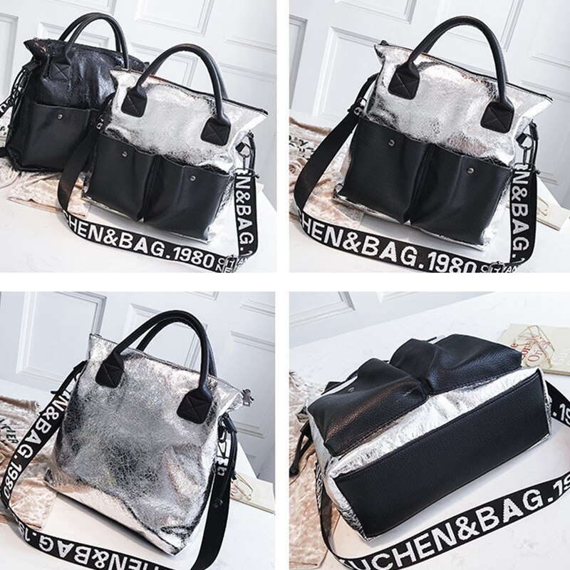 Large Capacity Women Bags Shopping Bag Double Pocket Girl Casual Tote Young Lady Handbags Shoulder Bag Silver Autumn
