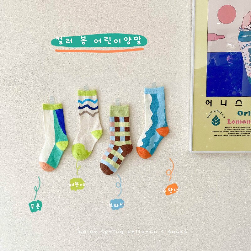Spring Kids Socks 4 Pairs/lot Korean Cartoon Baby Boys Girls Cotton Socks 1-8Years Children Sports Socks: C / 3-5T