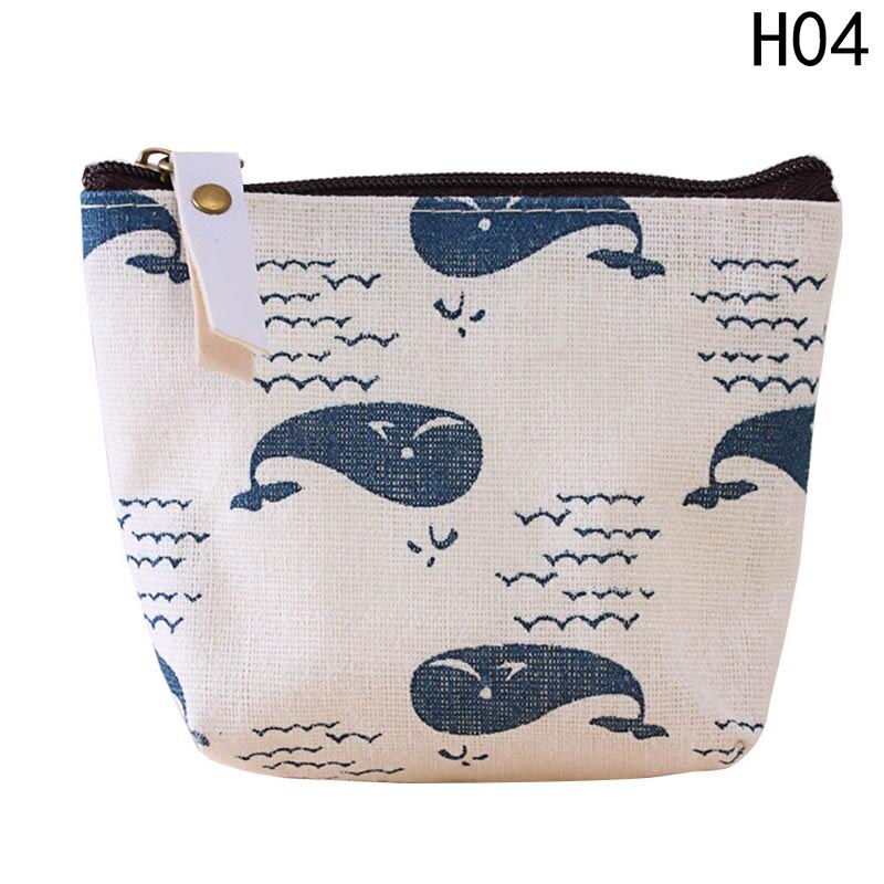 1PC Mini Animal Printed Coin Pouch Vintage Small Fish Bear Tree Prints Coin Purse Wallet Holder Zipper Canvas Coin Purse: H04