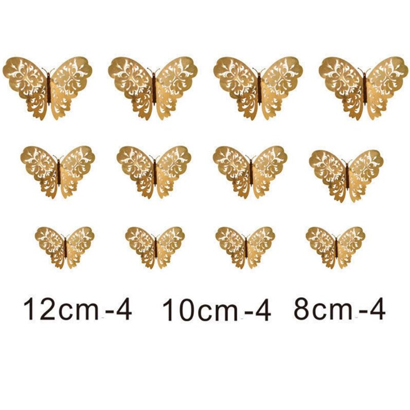 12pcs Multicolor Double Layer Wings 3D Butterfly Wall Sticker Magnet PVC Butterflies Party Kids Bedroom Fridge Decor: A gold