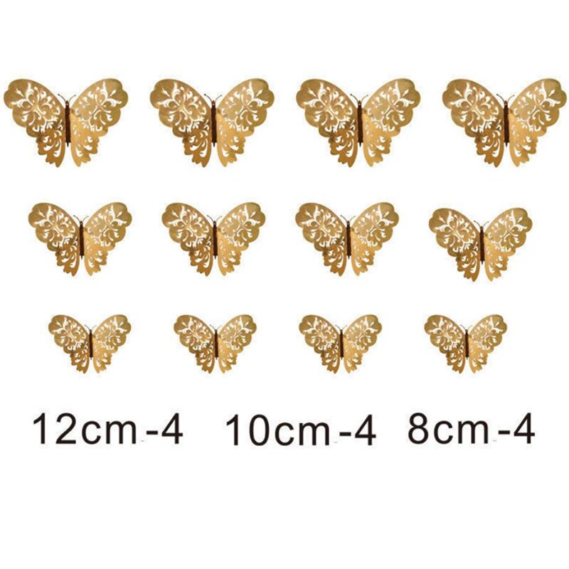 Alas de doble capa Multicolor 3D, adhesivo para pared de mariposa, imán de PVC, mariposas, , dormitorio, decoración de nevera, 12 Uds.: A gold