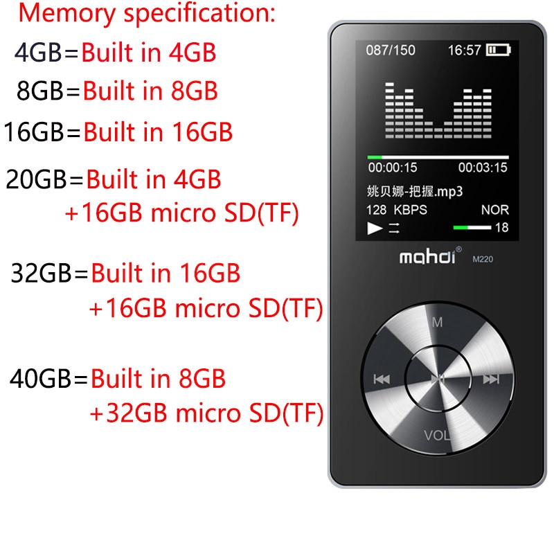 MAHDI HIFI Lossless MP3 Player 1.8inch TFT Screen Music Player Built-in Speaker 8G with FM Video E-book Recorder Clock Function