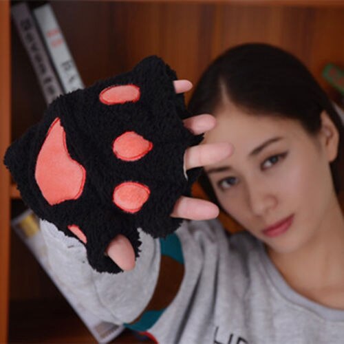 Winter Lovely Women Cat Claw Paw Mitten Plush Glove Costume Cute Winter Warm Half Finger Gloves Women Female Gloves Mitten: Black