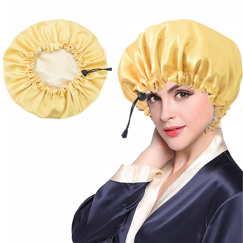 Hair Salon Elastic Thicken Double Layer Night Cap Adjustable Women's Oiled Shower Soft Silk Bath Hat Satin Bonnet Logo Printing: Yellow