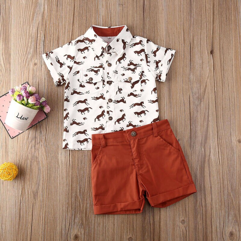Baby Zomer Kleding Peuter Kids Baby Boy Korte Mouwen Kleding Shirt Tops Broek Formele Party Paard Print Outfits Set