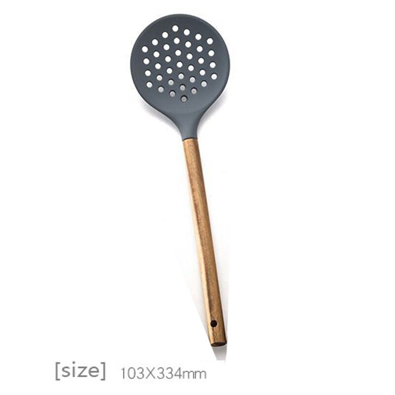 Kitchen Utensils Silica Gel Cooking Spoon Leaky Spoon Acacia Wood Spatula Wooden Handle Silicone Kitchenware Set Spatula: style 3