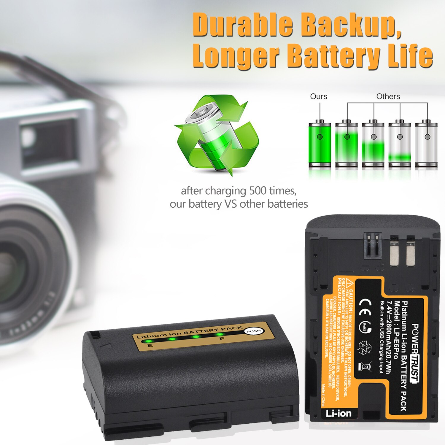 Powertrust lp -e6 lp e6 2800 mah 7.4v lpe 6 lp-e6n kamera batteri til canon 5d mark ii iii  iv 5ds 5ds r eos 6d 70d 80d kameraer: 2 lp-e6 batterier