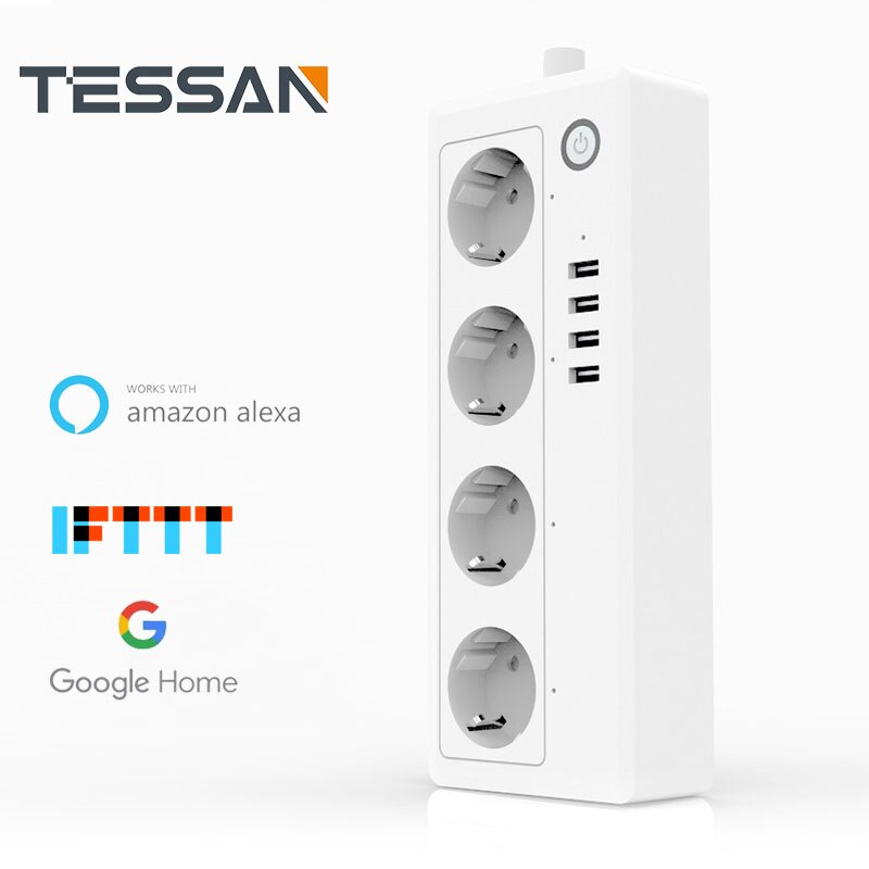 Wifi smart strømskinne intelligent stikkontakt 4 ac uttak 4 usb-ladeporter stemmefjernkontroll alexa ekko google assistent 16a: misligholde tittel