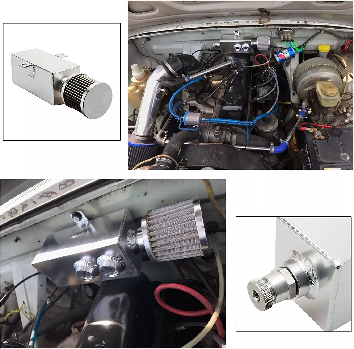 1L Aluminum Baffled Oil Catch Can 10AN Reservoir Tank 2 Port + Filter +Drain Tap
