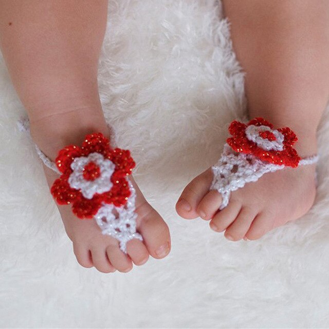 1 Pc Sandals Handmade Bright Color Cute Barefoot Sandals Foot-ware Crochet Sandals for Toddlers Baby Infant: Red White
