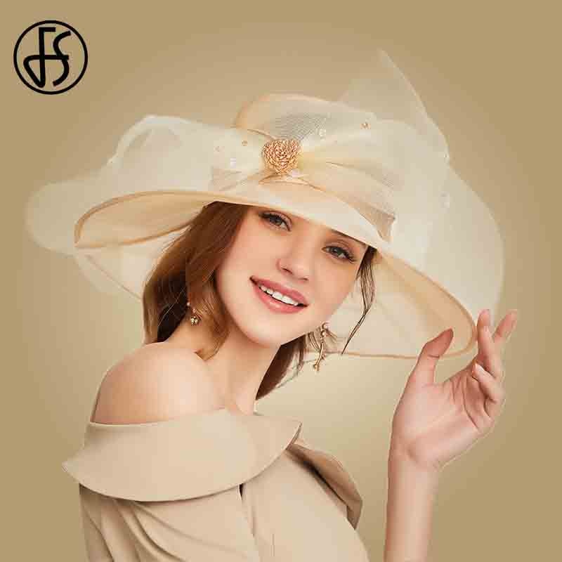 FS Beige Weiß Organza Breite Krempe Sonnenhut Hüte Für Frauen Kirche Hüte Frauen Elegante Kentucky Derby Hütte Damen Großen Bogen Fedora