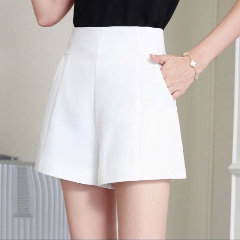 Damesshorts Lente Zomer Casual A-lijn shorts met hoge taille Losse chiffon shorts met wijde pijpen Chique dame Zwart witte pakshorts