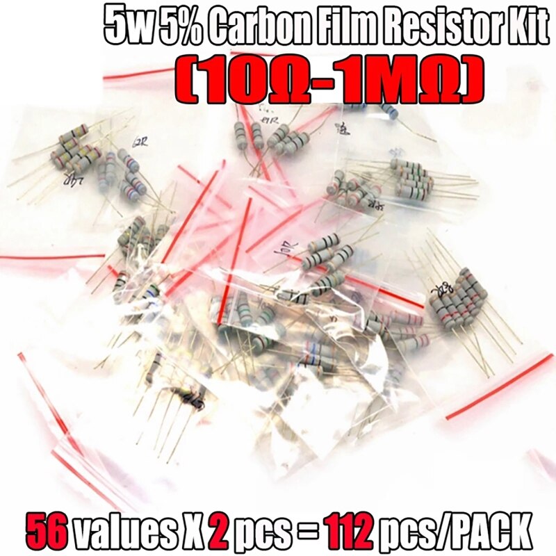 112Pcs 5W 5% 1R-1M 56Valuesx2 Carbon Film Resistor Kit Metal Oxide