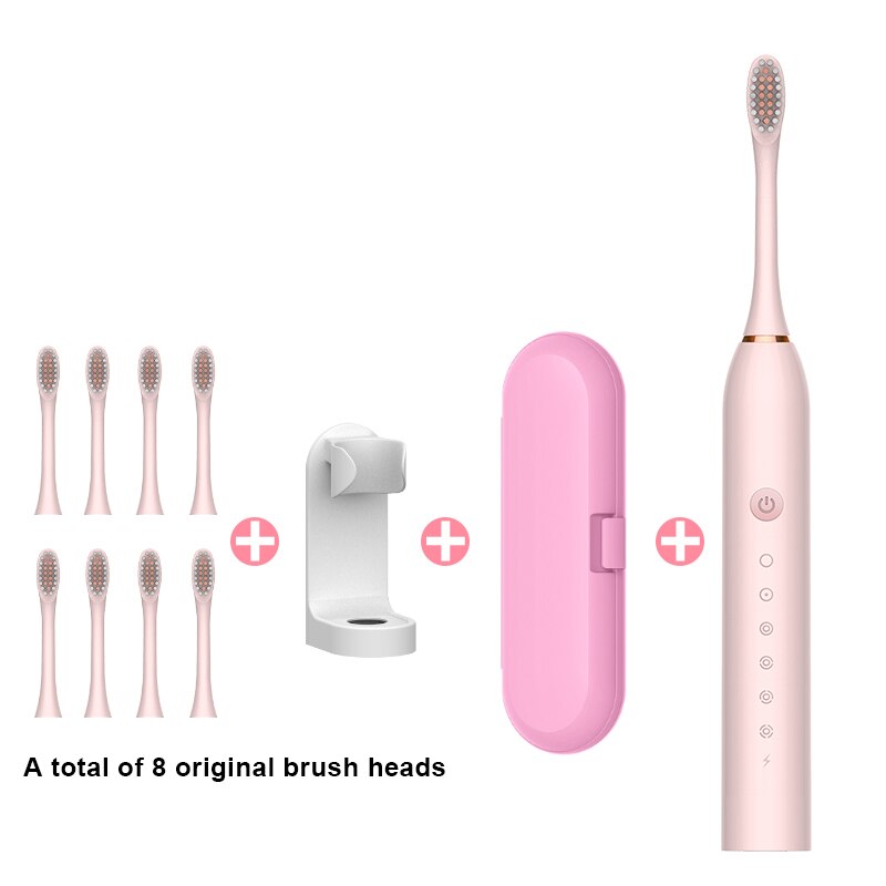 Sonic Electric Toothbrush Ultrasonic Automatic USB Rechargeable IPX7 Waterproof Whitening Teeth Tooth Brush Head Holder Adult: pink 8 head set