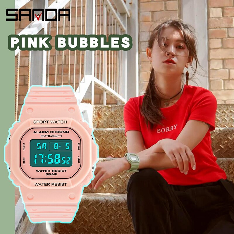 Relógio de pulso eletrônico sanda 2019, relógio de esporte feminino multifuncional de silicone, impermeável, relógios de pulso para estudantes