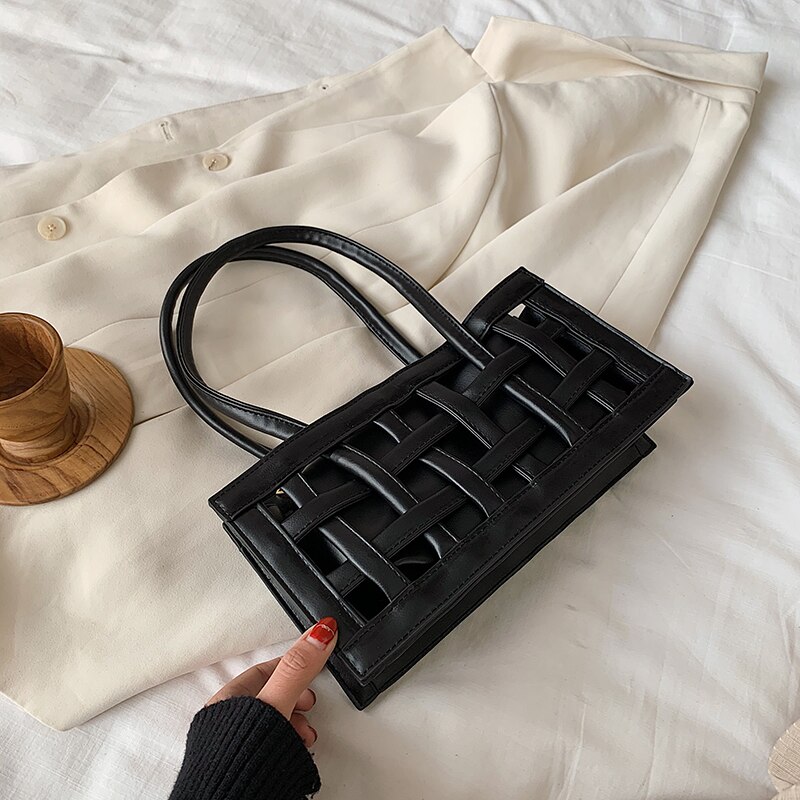 Dames vierkante tas hoge pu leren dames handtas holle schoudertassen okseltas: Zwart