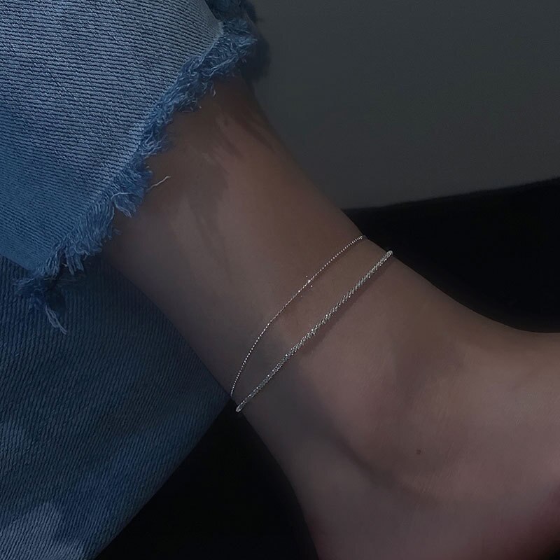 Shiny 925 Sterling Zilveren Enkelbanden Eenvoudige Double Layer Chain Enkelbanden Voor Vrouwen Zomer Sieraden Trend Fijne Sieraden