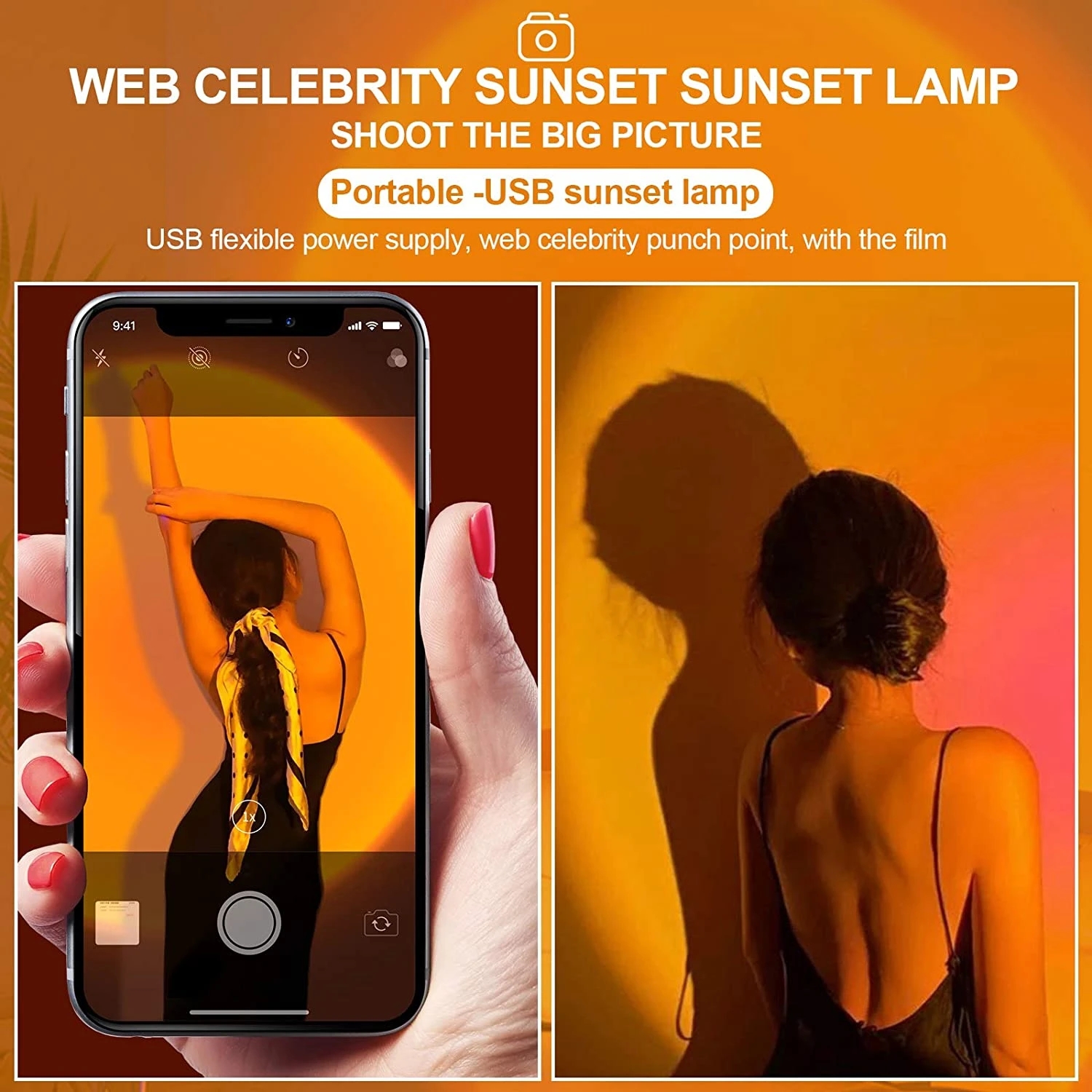 USB Sunset Light Telefono cellulare Autofotografia Luce LED Arcobaleno Neon Luce notturna Proiettore Fotografia Parete Atmosfera Luce