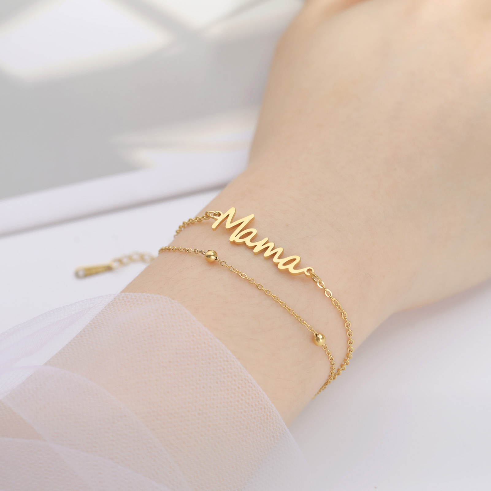 Skyrim-pulsera con dije de letra mamá para hombre y mujer, pulseras de cadena de cuentas de doble capa de acero inoxidable, joyería de , para el día de la madre