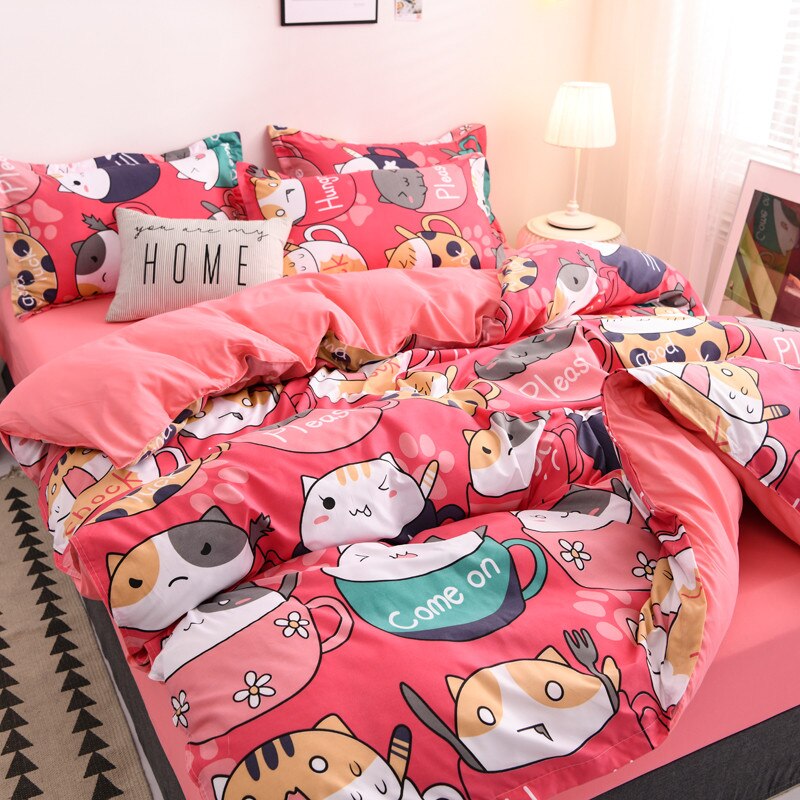 Rode Cartoon Kat Dekbedovertrek Kussensloop 3Pcs 220 × 240, Dekbedovertrek 200 × 230, dubbele Koningin Koning Beddengoed Sets, Rood Blad, Bed Cover