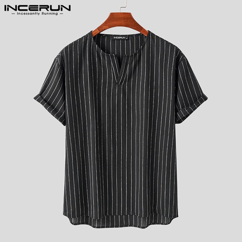 Incerun herr randiga skjortor casual kortärmad v-ringad camisa man bomull andas blusas lös harajuku blus s -5xl 7