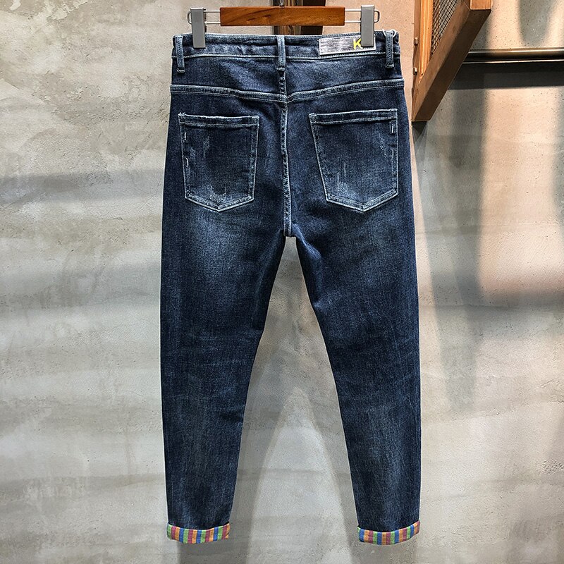 Pantalones vaqueros de estilo ceñido elásticos para hombre de estilo ceñido, azul oscuro, rasgados, a rayas, pantalones de mezclilla con parches, ropa de calle informal Yong Man Jean