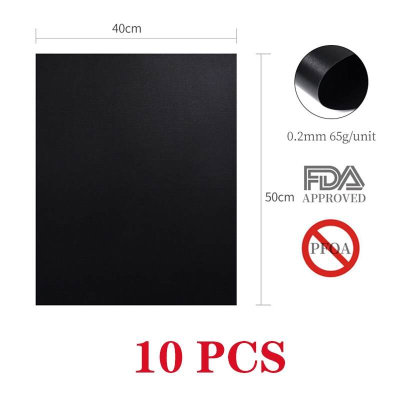 50cm 10pcs/set Reusable Non-stick BBQ Grill Mat 0.2mm Thick PTFE Barbecue Baking Liners Teflon Cook Pad Microwave Oven Tool: 10pcs 50x40cm