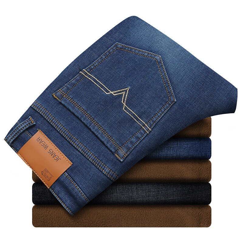 Mænd vinterjeans mænd sort/blå slim fit stretch tykke fløjlsbukser varme jeans afslappede fleecebukser herre plus str.: Blå / 33