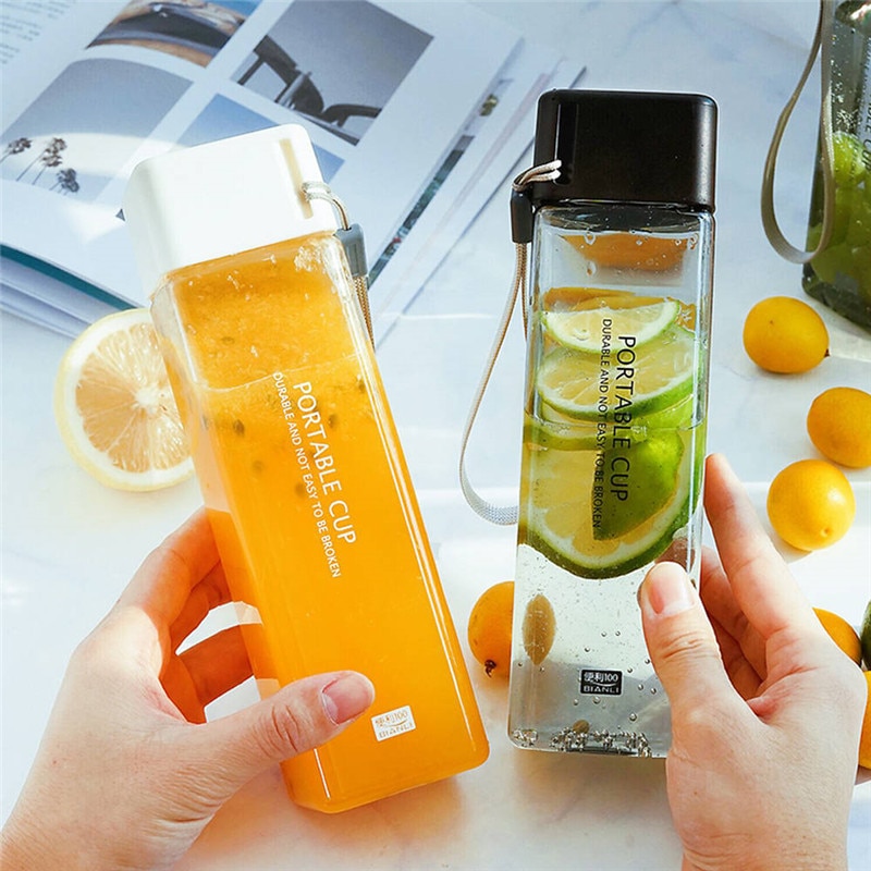 Cute Square Plastic Water Bottles BPA Free Transparent Frosted Outdoor Portable Camping Hiking Tour Drinking Bottle Water