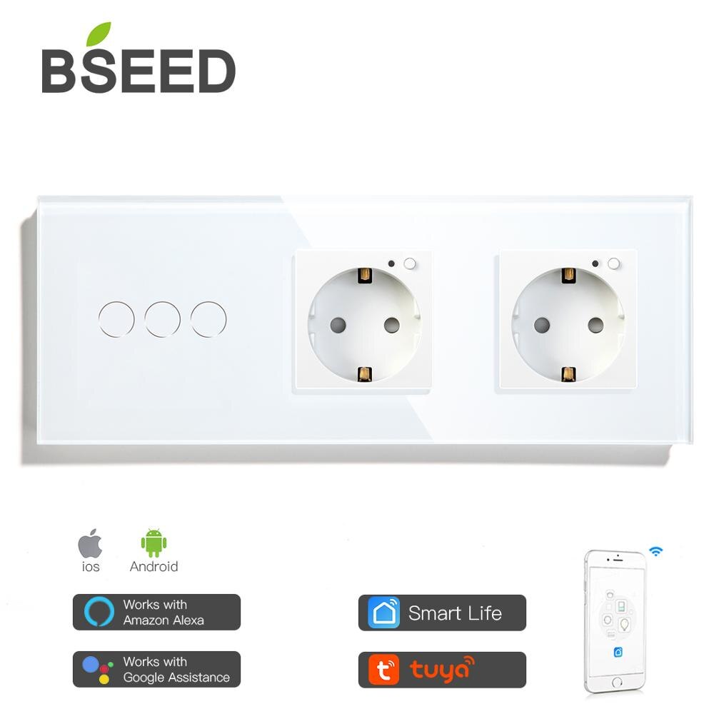 BSEED 3 Gang Smart Light Switch With Double Wall Socket 3 Colors Wall Switch 228mm Crystal Glass Panel Work With Tuya App