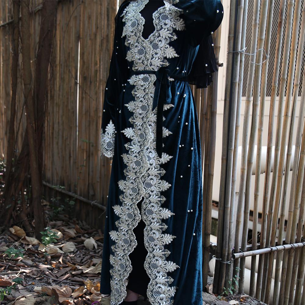 dernière Abaya dentelle en vrac couture perlé or velours Cardigan dubaï Robe islamique turquie moyen-orient