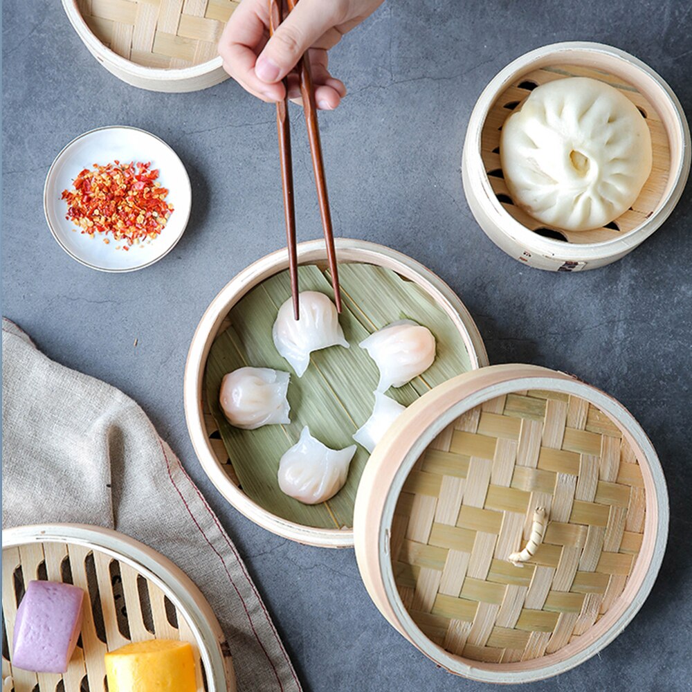 Round Bamboo Steamer For Chinese Food Xiaolongbao Jiaozi Steam Bread Safe Healthy China Style Bamboo Wooded Cooker Steamed Grid
