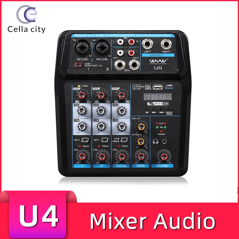 Cella city vierkanal-bluetooth-dj-mixer, audiomixer für live-aufnahmen, tragbarer multifunktions-mini-musikmixer für die audioproduktion