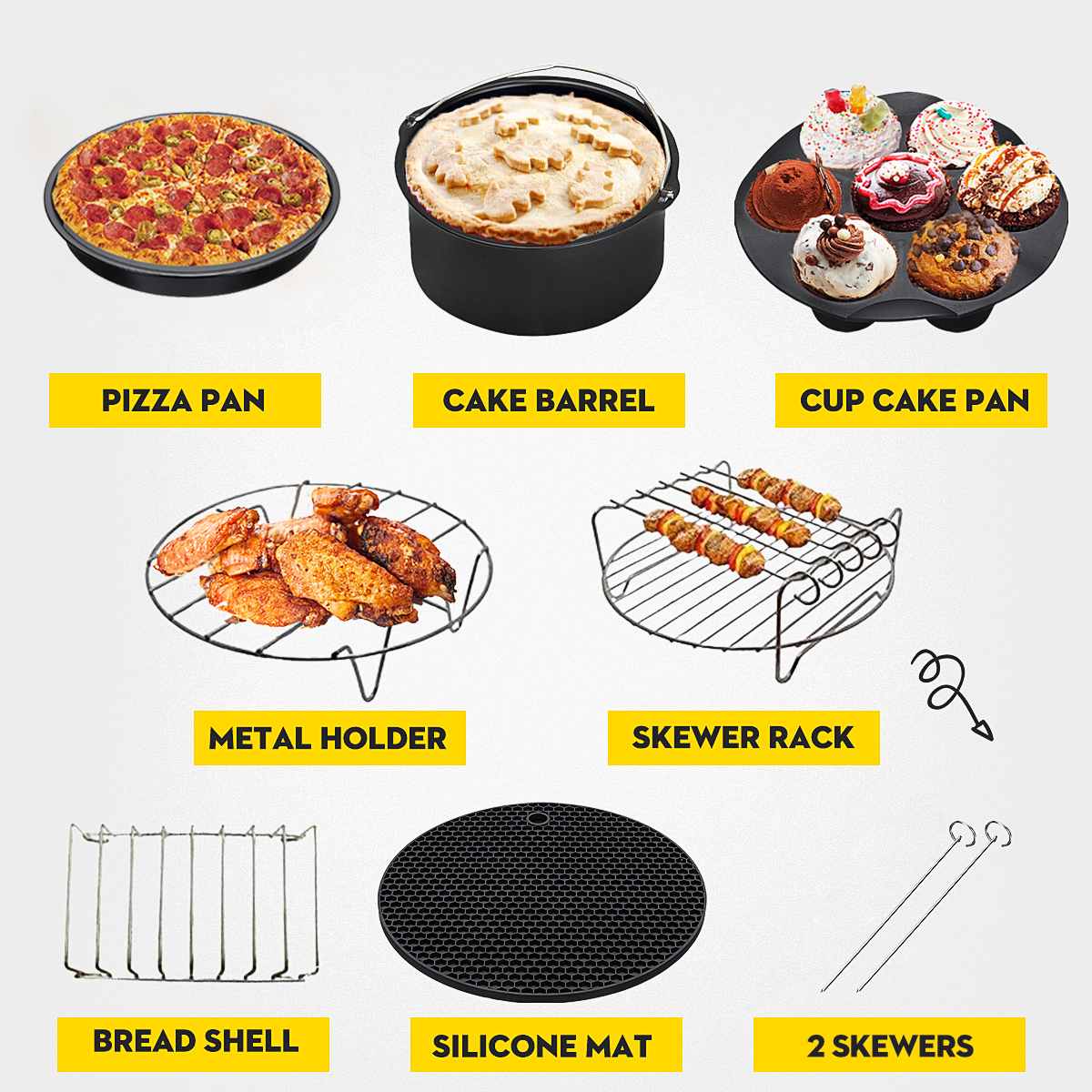 Freidora de aire de silicona de 8 pulgadas, barril de pastel, sartén para Pizza, herramientas de cocina para el hogar, 5,2 ~ 5.8QT, juego de accesorios para freidora de aire 7 en 1