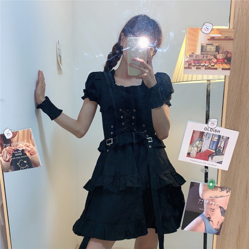 Vestido negro gótico de Lolita para mujer, prenda estilo Lolita, Victoriano, renacentista, Retro, Punk, manga abombada