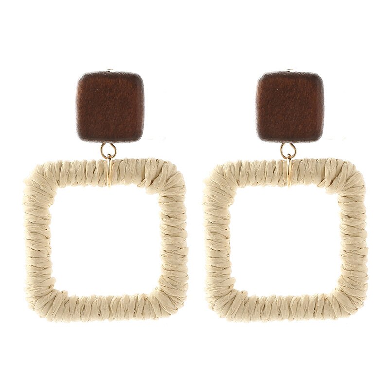Female Bohemian Handmade Vine Rattan Straw Woven Dangle Earrings For Women Boho Geometric Square Wooden Earring Jewelry: E0380-1